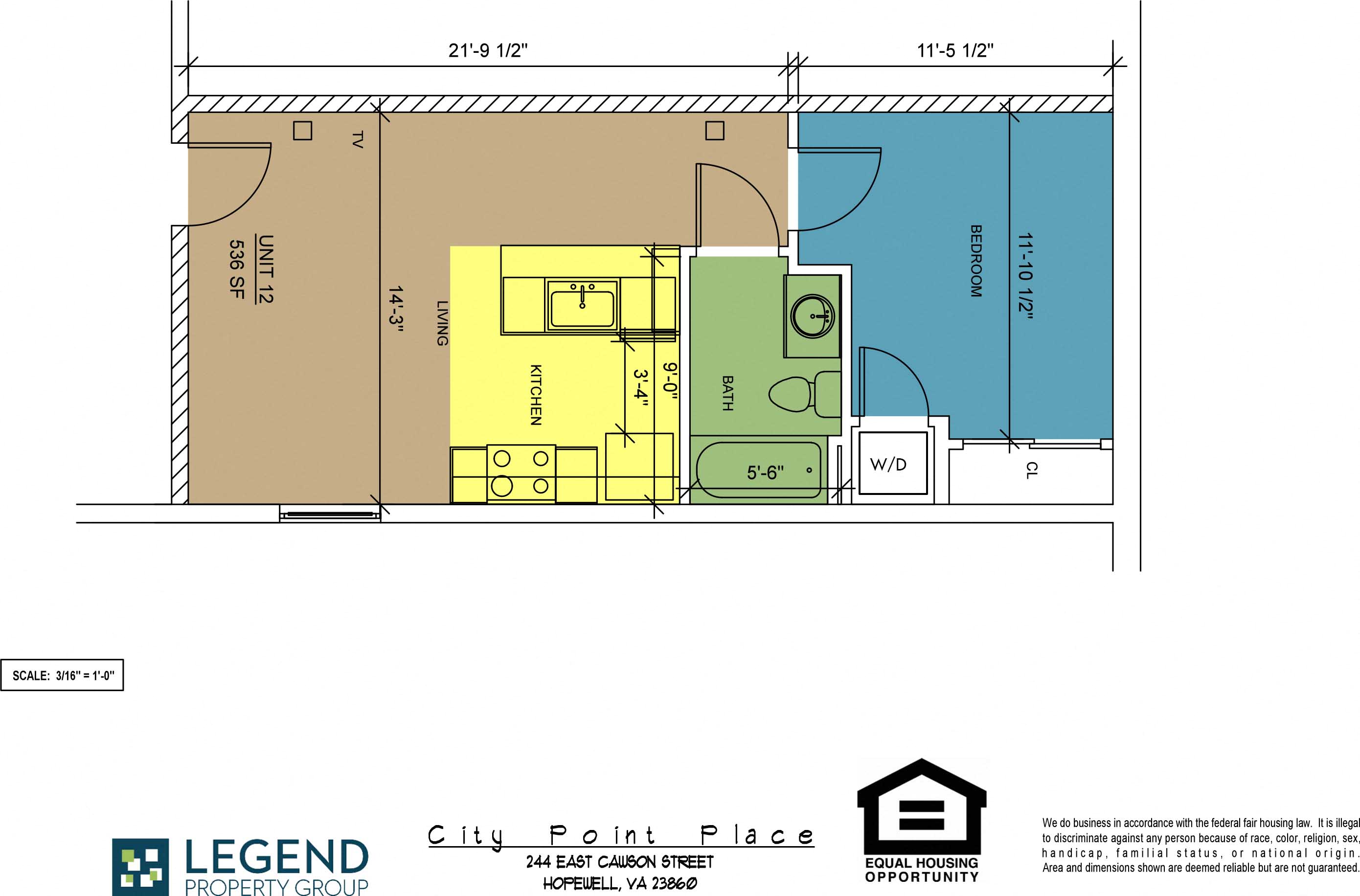 Floor plan for 1 bed, 1 bath, 536 sqft